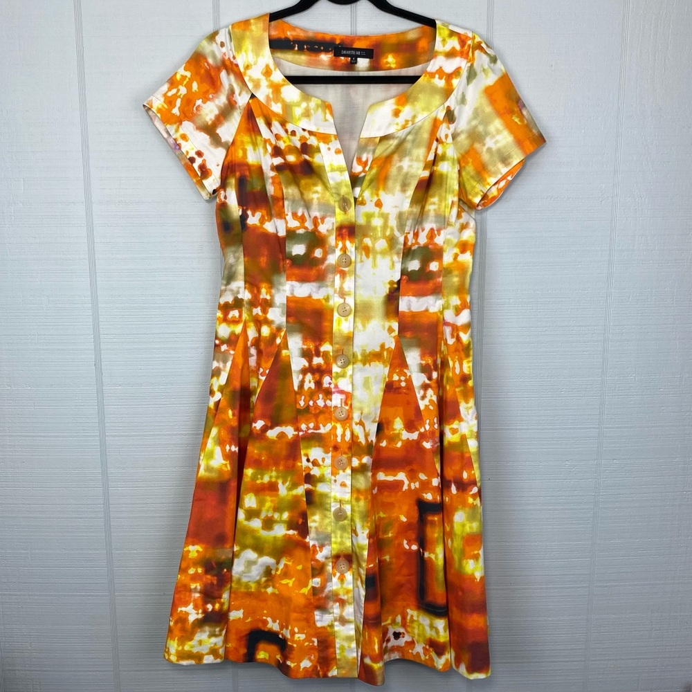 Lafayette 148 Button Front Fit & Flare Dress Orange Yellow Marbled Tie Dye 6